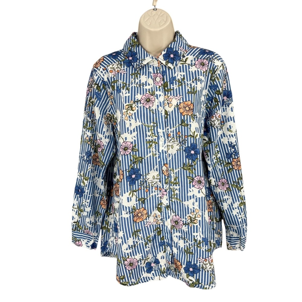 CW Classics Coquette Shirt Women Size M Colorful Floral Stripe Button Cotton Y2K